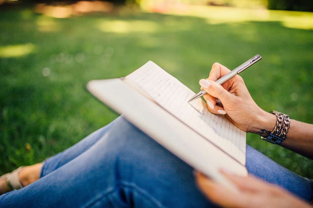writing, nature, writer, notes, pen, notebook, book, girl, woman, people, hands, grass, outdoors